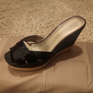 Marc Fisher black panten leather slip on wedge sandal w/open toe. Size7m WORN 1X